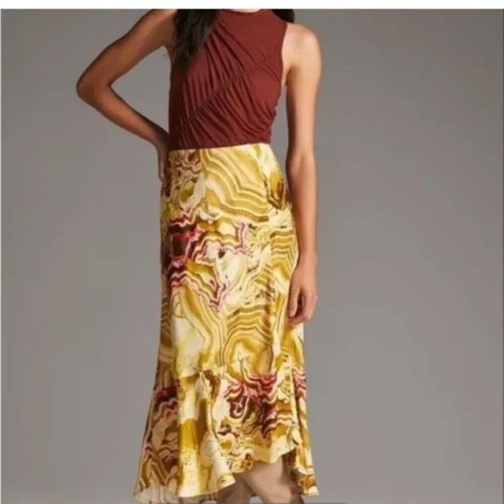 Anthropologie Marble Asymmetrical Hem Flounced Ruffle Midi Skirt Size Medium